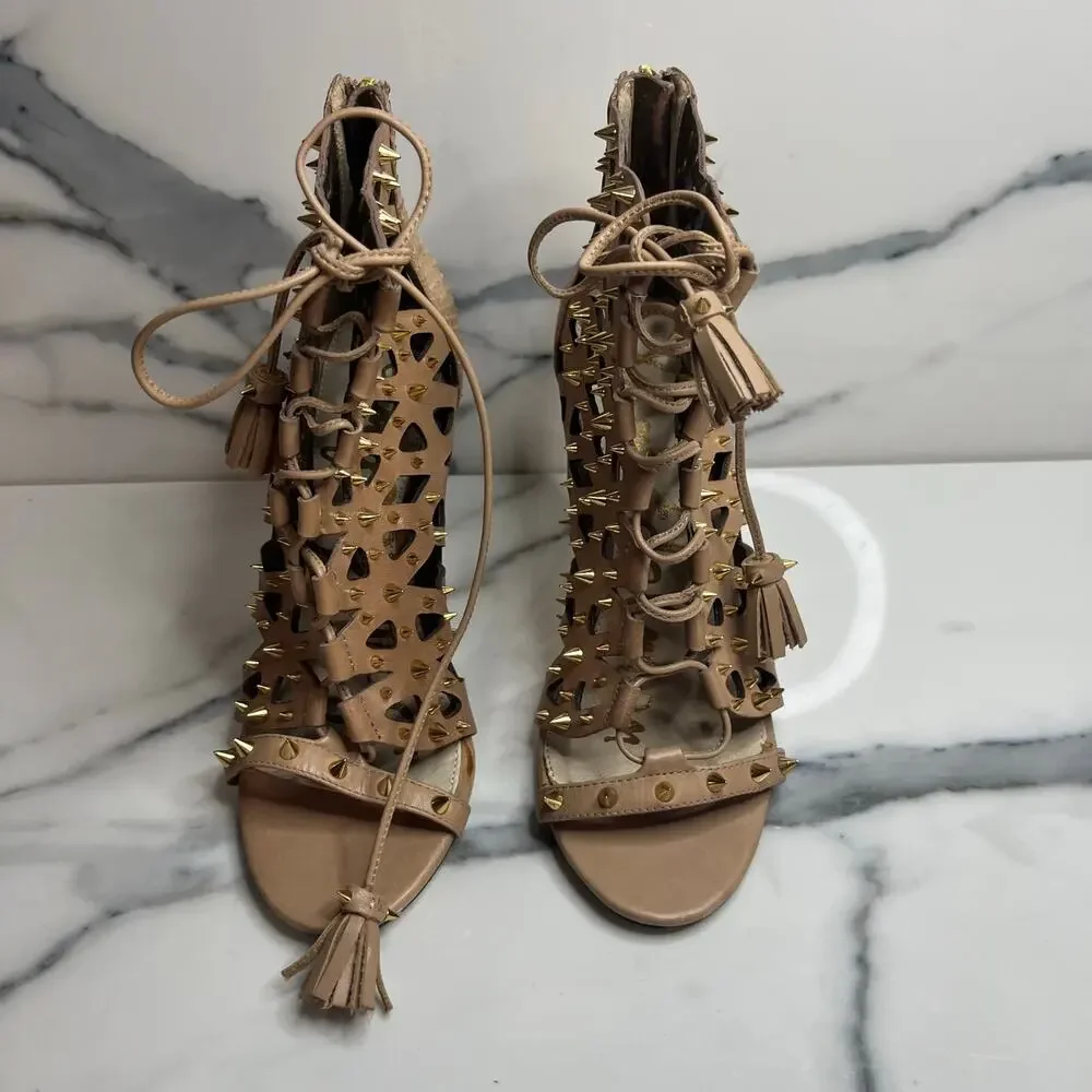 Sam Edelman Women's Tan Leather Spikes Open Toe Allison Bootie Heels Sz 6.5